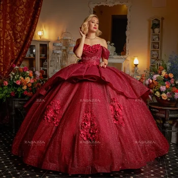 Красные блестящие пышные платья в виде сердца, бальное платье для милых девочек, блестки, 3D цветы, День рождения, платье принцессы для выпускного вечера, халаты