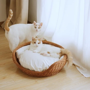 Кровать для домашних животных в форме чаши ручной работы, ротанговые диваны-кровати для кошек с мягкой подушкой