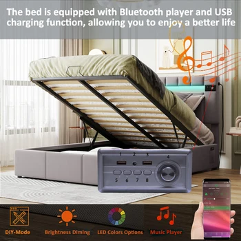 Кровать Со СВЕТОДИОДНОЙ Обивкой, Полноразмерная кровать со светодиодной подсветкой, Bluetooth-плеером и USB-зарядкой, Гидравлическая кровать Для Хранения Вещей из Серой Бархатной ткани
