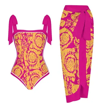 Купальники-бикини с розово-красным и желтым принтом Для женщин, сексуальное платье для плавания с открытой спиной, купальники-бикини Mujer, покрывающие купальники Dopamine