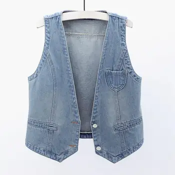 Легкий джинсовый жилет в винтажном стиле, Джинсовые Жилеты для Женщин Свободного кроя с двойными пуговицами для Уличной одежды в стиле Хоп, Весенне-осенняя мода