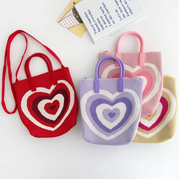 Летние вязаные пляжные сумки для женщин, плетеная сетчатая сумка через плечо с маленьким сердечком, женские квадратные модные сумки