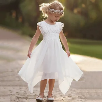 Летние девушки Белое Кружевное хлопчатобумажное платье Волны Свадебный костюм Малыша Ins Модная Повседневная пляжная одежда