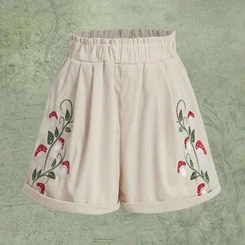Летние женские Свободные жаккардовые брюки, винтажные вельветовые брюки с резьбой, женская одежда, повседневные шорты со средней талией в виде грибов