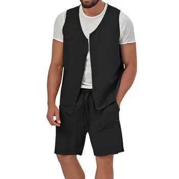 Летние мужские хлопчатобумажные льняные винтажные жилеты без рукавов на пуговицах, рубашки и повседневные шорты, костюмы для мужчин, однотонная одежда для отдыха