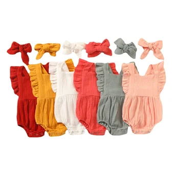Летний комбинезон для новорожденных девочек + повязка на голову, муслиновый комбинезон без рукавов, Модная детская одежда