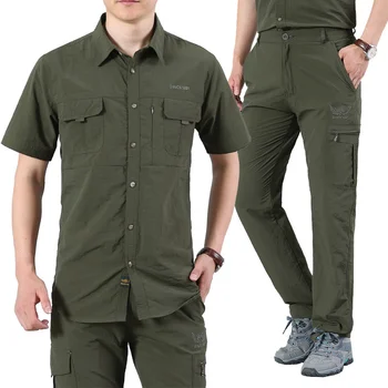 Летний мужской костюм с короткими рукавами, повседневная рубашка в стиле милитари + брюки, уличная одежда для рыбалки, уличная одежда с отложным воротником
