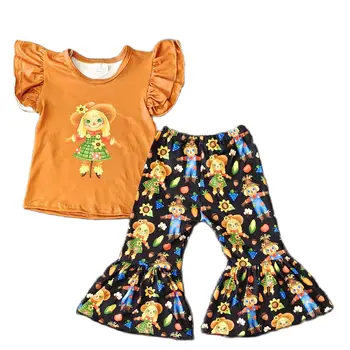 Летний фермерский костюм для маленьких девочек с принтом пугала, оранжевый топ, расклешенные брюки, комплект милой детской одежды