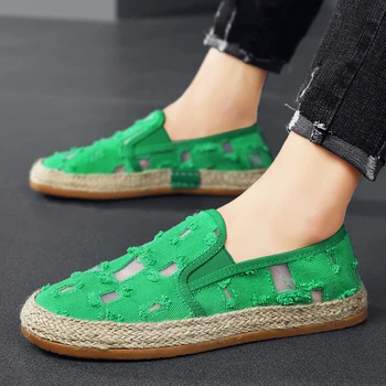 Лето 2023, Новая модная зеленая мужская повседневная обувь, кроссовки на плоской подошве, дышащая мужская парусиновая обувь без застежки