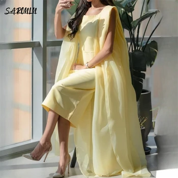 Лимонно-желтое шифоновое вечернее платье с накидкой, женские вечерние платья для выпускного вечера, Дешевое вечернее платье на заказ для женщин без рукавов с круглым вырезом