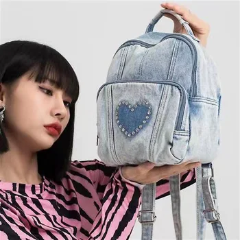 Мини-женский джинсовый рюкзак, новый модный Универсальный рюкзак для девочек, сумка через плечо, сумка с верхней ручкой, дорожный рюкзак Love Diamond