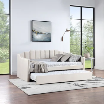 Минималистичная и современная бархатная кушетка с мягким ворсистым диваном-кроватью, оба двухместных размера, подходят для спален, бежевый