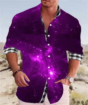 Модная мужская рубашка Звездное небо Фиолетовый Синий HD Графика Повседневный тренд для вечеринок Высококачественная рубашка с отворотом из мягкой удобной ткани 2023