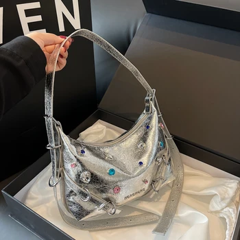 Модные брендовые дизайнерские серебряные сумки через плечо, женские сумки и кошельки в драгоценной оправе, 2023 Новые женские сумки-мессенджеры