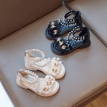 Модные детские сандалии для девочек с цветами 2023, обувь для милых принцесс для вечеринки, свадьбы, летние шикарные детские сандалии с жемчужным бисером