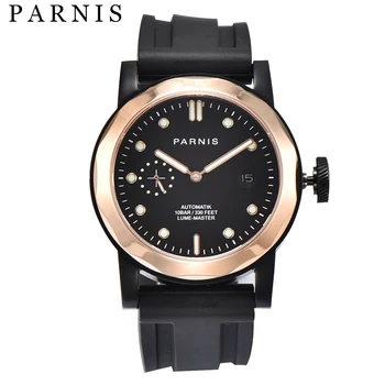Модные мужские часы Parnis 43 мм с черным циферблатом, автоматические механические часы, Сапфировое стекло, календарь, светящиеся водонепроницаемые часы для мужчин 2023 г.