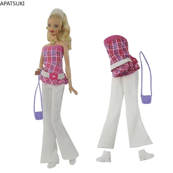 Модные наряды для девочек для куклы Барби, комплект одежды, Розовые топы без косточек, Белые брюки, Обувь, сумка для кукол Barbie 1/6, аксессуары для кукол