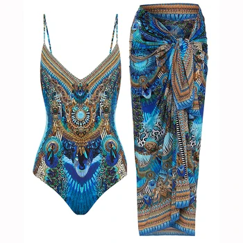 Модный комплект бикини с синим принтом без спинки, женский цельный купальник, Летние пляжные наряды, купальные костюмы с V-образным вырезом, роскошные купальники Slim