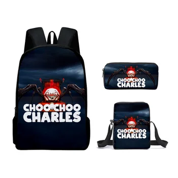 Модный креативный 3D-принт Choo-Choo Charles, 3 шт./компл., школьные сумки для учеников, рюкзак для ноутбука, наклонная сумка через плечо, пенал