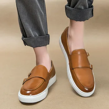 Мужская вулканизированная обувь, монашеские туфли с двойной пряжкой, повседневная мужская обувь ручной работы из искусственной кожи, бесплатная доставка, размер 38-46, коричневый