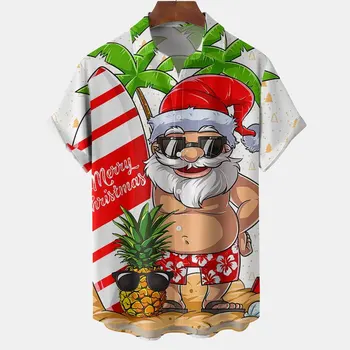 Мужская Рождественская футболка с Принтом Санта-Серфинга, Пуговицы Спереди, Мягкий Дышащий Нагрудный карман, Повседневная Гавайская рубашка
