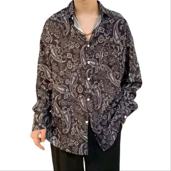 Мужская рубашка-бандана с коротким рукавом и принтом, винтажная пляжная рубашка с пейсли Оверсайз, Весна-лето-осень 2023, Черный, белый цвет.