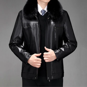 Мужские теплые кожаные куртки с меховым воротником из искусственной кожи, пальто, приталенные мотоциклетные пальто из искусственной кожи, высококачественные мужские флисовые теплые кожаные пальто