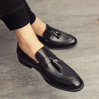 Мужские черные модельные туфли, Лоферы Из искусственной кожи в Британском стиле с кисточками, Мужская обувь на плоской подошве, Оксфордские туфли Из натуральной кожи, Свадебные туфли