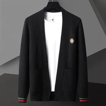мужской вязаный кардиган высокого класса, весна-осень 2023, новая мода, повседневный жаккардовый свитер с V-образным вырезом, пальто-шаль