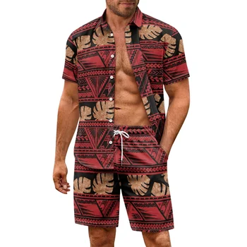 Мужской костюм для пляжного отдыха в Полинезии, повседневная рубашка, шорты, гавайский купальник с рисунком на заказ, рубашка для солнечных ванн для вечеринки