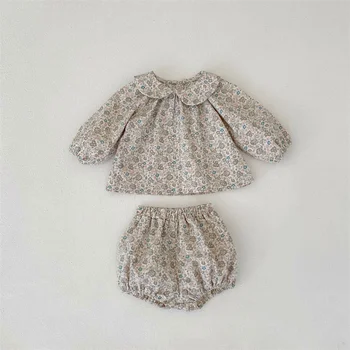 Мягкие теплые осенние наряды для маленьких девочек, детские топы с длинными рукавами в цветочек и шорты-шаровары, 2 предмета, костюм для малышей от 0 до 3 лет