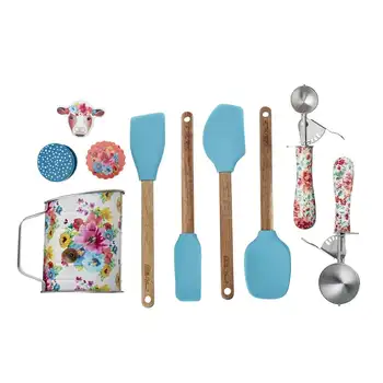 Набор кухонных принадлежностей с ситом, лопаточками, совками и зажимами, бирюзовый/цветочный