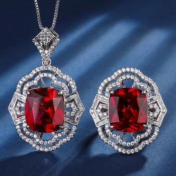 Наборы ювелирных изделий из серебра 925 пробы с рубином, Регулируемое кольцо-цепочка из блестящего Циркона с изящным красным ожерельем для женщин, Подарок для дам