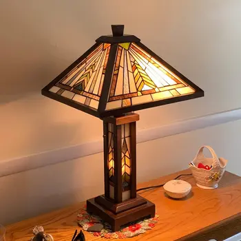 Настольная лампа Тиффани, ночник из витражного стекла, лампа ручной работы для чтения, 3 лампы, деревянная отделка, винтажная настольная лампа Mission для дома
