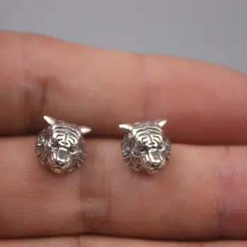 Настоящие Серебряные серьги-гвоздики из стерлингового серебра 925 Пробы, Винтажный Серебряный штамп с головой Тигра S925