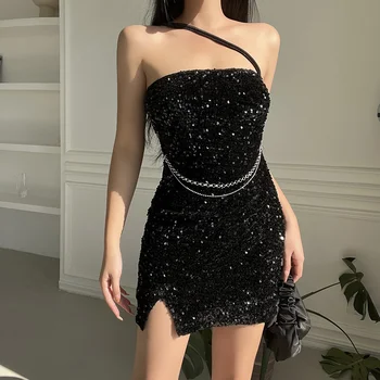 Нашивка из бисера 2023, нагрудный ремень, платье-цепочка, сексуальное платье с разрезом для вечеринки с запахом, хип-хоп платье XY22185