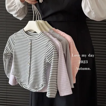 Нижняя рубашка в полоску для девочек 2023, осенне-зимняя новинка, футболка с короткими рукавами, топ в корейском стиле для девочек