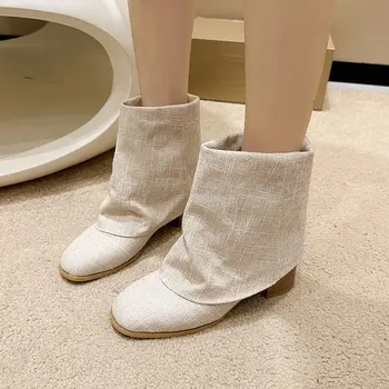 Новые ботинки с рукавами для брюк, женские короткие сапоги в складку с квадратным носком, сапоги из денима на толстом каблуке в западном стиле
