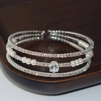 Новые простые браслеты-манжеты со стразами и жемчугом в 3 ряда для женщин, свадебные открытые браслеты, ювелирные аксессуары для выпускного вечера