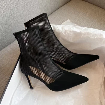 Новые черные сетчатые женские ботинки для зрелых женщин, туфли-лодочки на высоком каблуке с цветочной шнуровкой, тонкие туфли на высоком каблуке с острым носком, Вечерние свадебные туфли