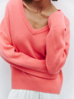 Новый Оранжевый женский джемпер 2023, осенние базовые свитера оверсайз с V-образным вырезом, Мягкий теплый вязаный свитер, толстые зимние пуловеры для женщин