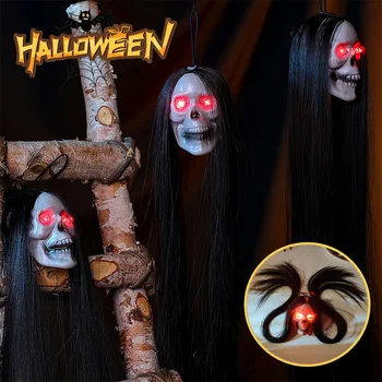 Новый Хэллоуин Подвесной Призрачный Череп с длинными волосами, светящимися глазами, Череп Ужаса, голова призрака, Скелет, реквизит для вечеринок 2023 года