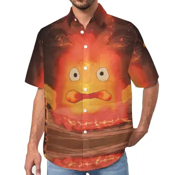 Огненный демон Воет Движущийся замок Повседневная рубашка Calcifer Vacation Свободная рубашка Гавайи Блузки с коротким рукавом Дизайн Негабаритных топов