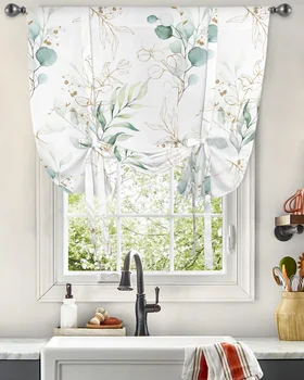 Оконные шторы из зеленых листьев эвкалипта, занавески на завязках для кухни, гостиной, регулируемые портьеры с карманами на штанах