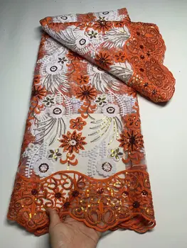 Оптовая продажа Великолепной Африканской Кружевной ткани 2023 Новейшей оранжево-белой индийской ткани сари Из высококачественного тюля С блестками Свадебная ткань