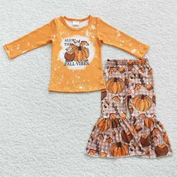 Оптовая продажа детской одежды для девочек на Хэллоуин, детских оранжевых рубашек с тыквой и длинными рукавами, клетчатых брюк-клеш для малышей