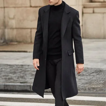 Осенне-зимнее мужское шерстяное пальто, однотонные шерстяные куртки с длинными рукавами, флисовое мужское пальто, уличная мода, длинный тренч, верхняя одежда