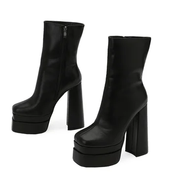 Осенние женские модные ботинки до середины икры, сшитые из искусственной кожи на квадратном каблуке 15,5 см, модная элегантная женская обувь, новинка, черный цвет