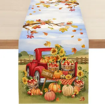 Осенний фермерский грузовик с тыквой на День Благодарения, скатерти для белья, декор кухонного стола, бегунки для обеденного стола в фермерском доме, декор для праздничной вечеринки