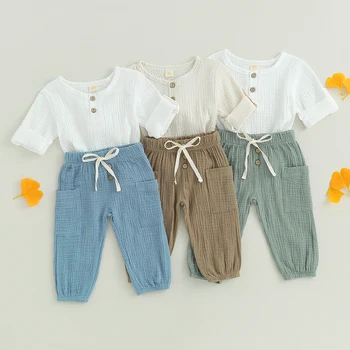Осенняя детская одежда для маленьких мальчиков, футболка с длинным рукавом, однотонные брюки, осенний комплект повседневной одежды